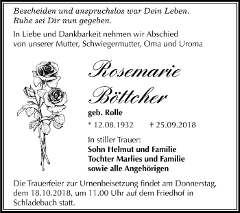 Traueranzeige von Rosemarie Böttcher von Mitteldeutsche Zeitung Merseburg/Querfurt