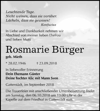 Traueranzeige von Rosmarie Bürger von WVG - Wochenspiegel Merseburg
