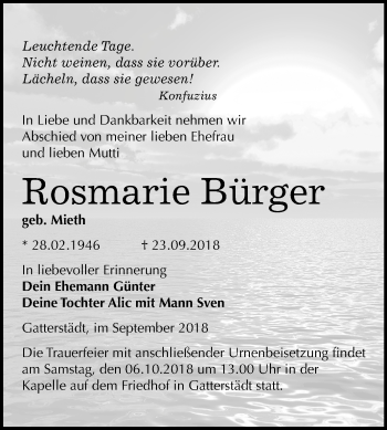 Traueranzeige von Rosmarie Bürger von Mitteldeutsche Zeitung Merseburg/Querfurt
