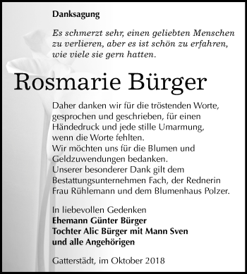 Traueranzeige von Rosmarie Bürger von Mitteldeutsche Zeitung Merseburg/Querfurt