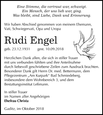 Traueranzeige von Rudi Engel von Mitteldeutsche Zeitung