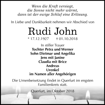 Traueranzeige von Rudi John von WVG - Wochenspiegel Merseburg