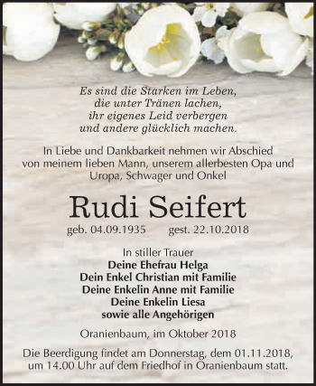 Traueranzeige von Rudi Seifert von WVG - Wochenspiegel Wittenberg