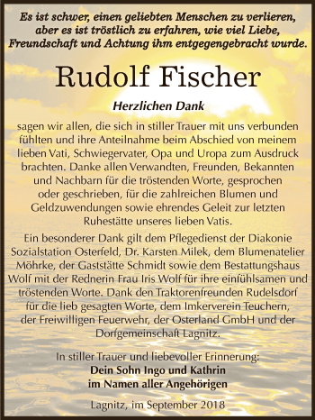Traueranzeige von Rudolf Fischer von WVG - Wochenspiegel NMB / WSF / ZTZ