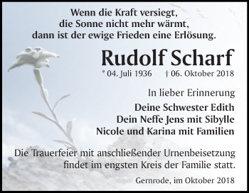 Traueranzeige von Rudolf Scharf von Mitteldeutsche Zeitung Quedlinburg