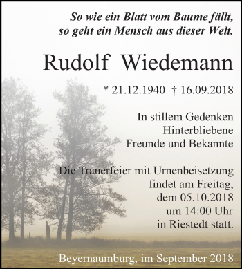 Traueranzeige von Rudolf Wiedemann von Mitteldeutsche Zeitung Sangerhausen