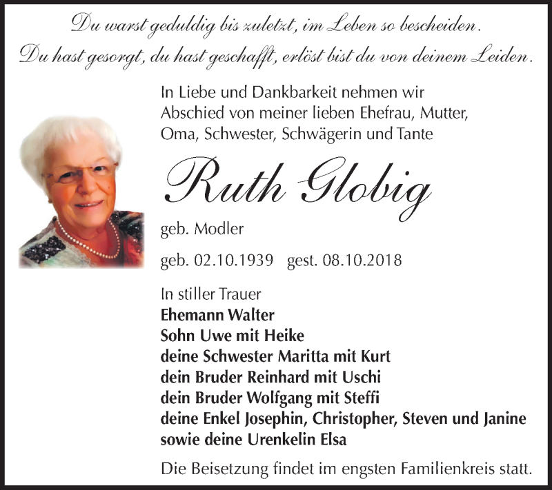  Traueranzeige für Ruth Globig vom 13.10.2018 aus Mitteldeutsche Zeitung Zeitz