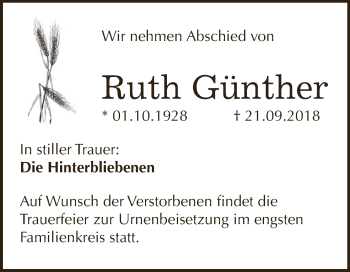 Traueranzeige von Ruth Günther von Wochenspiegel Mansfelder Land