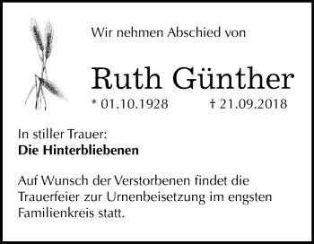 Traueranzeige von Ruth Günther von Mitteldeutsche Zeitung