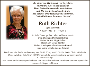 Traueranzeige von Ruth Richter von WVG - Wochenspiegel Dessau / Köthen