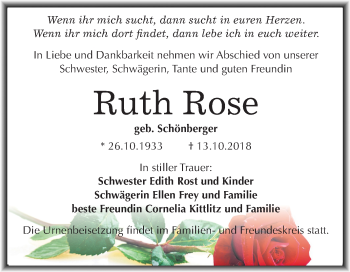 Traueranzeige von Ruth Rose von Mitteldeutsche Zeitung Halle/Saalkreis