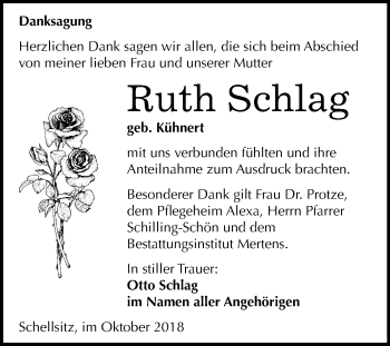 Traueranzeige von Ruth Schlag von Mitteldeutsche Zeitung