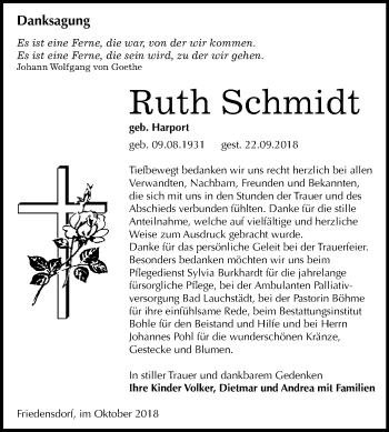 Traueranzeige von Ruth Schmidt von WVG - Wochenspiegel Merseburg