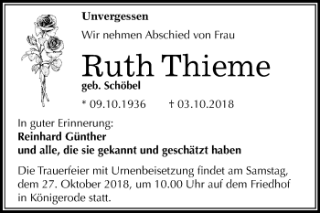Traueranzeige von Ruth Thieme von Mitteldeutsche Zeitung Quedlinburg