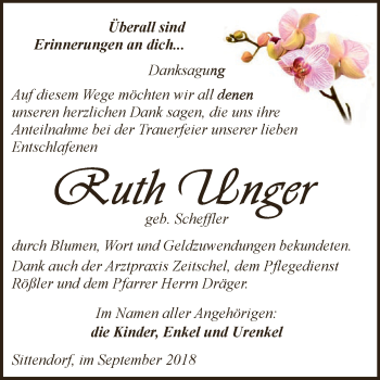 Traueranzeige von Ruth Unger von Super Sonntag SGH Mansf. Land