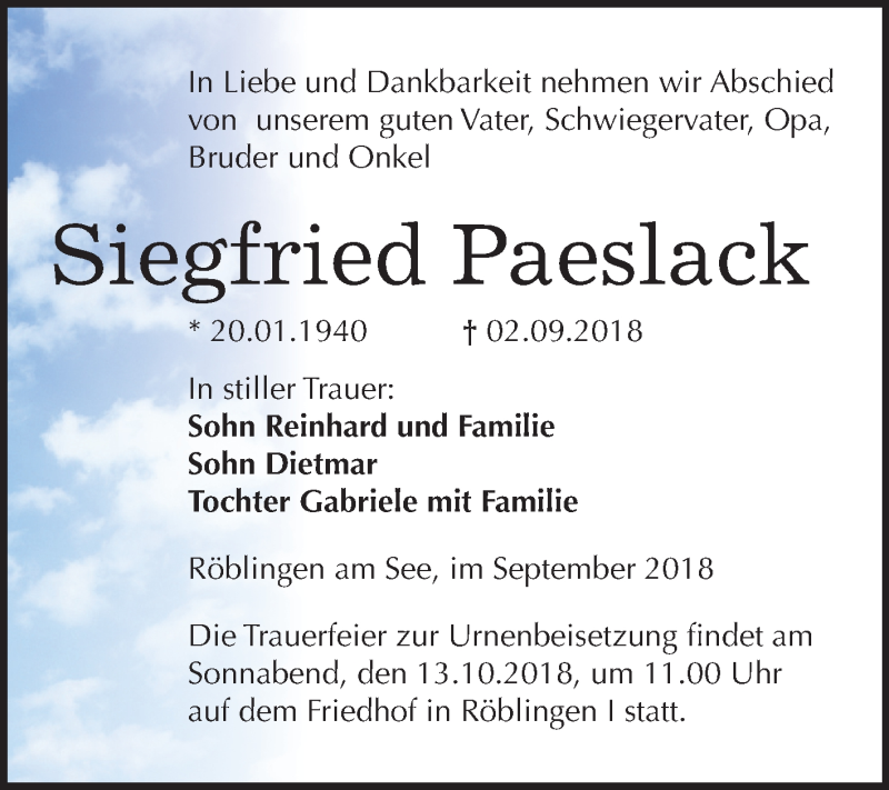  Traueranzeige für Siegfried Paeslack vom 02.10.2018 aus Mitteldeutsche Zeitung