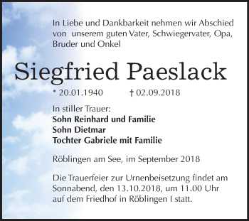 Traueranzeige von Siegfried Paeslack von Mitteldeutsche Zeitung