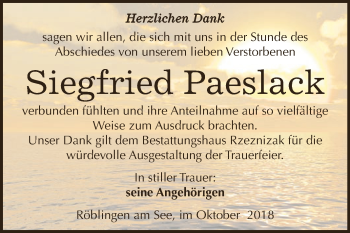 Traueranzeige von Siegfried Paeslack von Super Sonntag SGH Mansf. Land