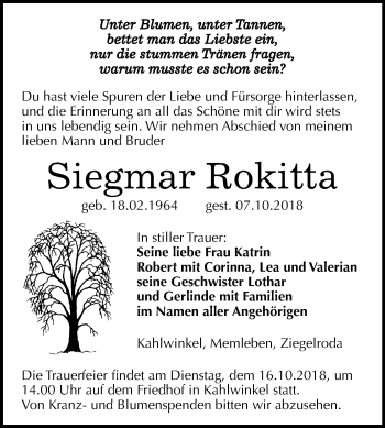 Traueranzeige von Siegmar Rokitta von Mitteldeutsche Zeitung