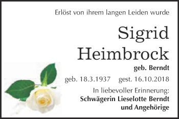 Traueranzeige von Sigrid Heimbrock von Super Sonntag Wittenberg