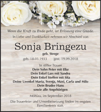 Traueranzeige von Sonja Bringezu von WVG - Wochenspiegel Wittenberg