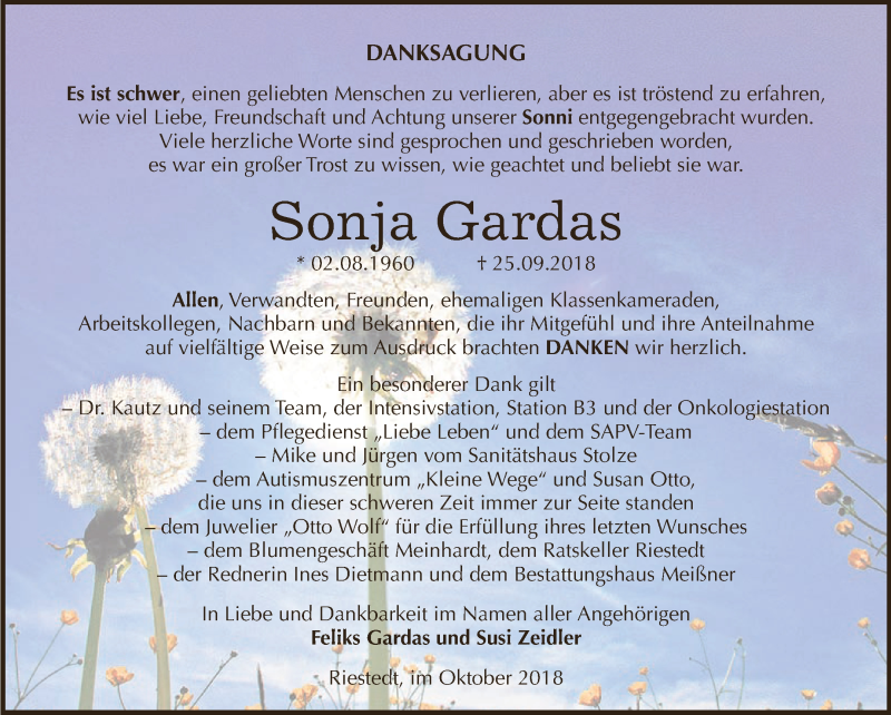  Traueranzeige für Sonja Gardas vom 13.10.2018 aus Super Sonntag SGH Mansf. Land
