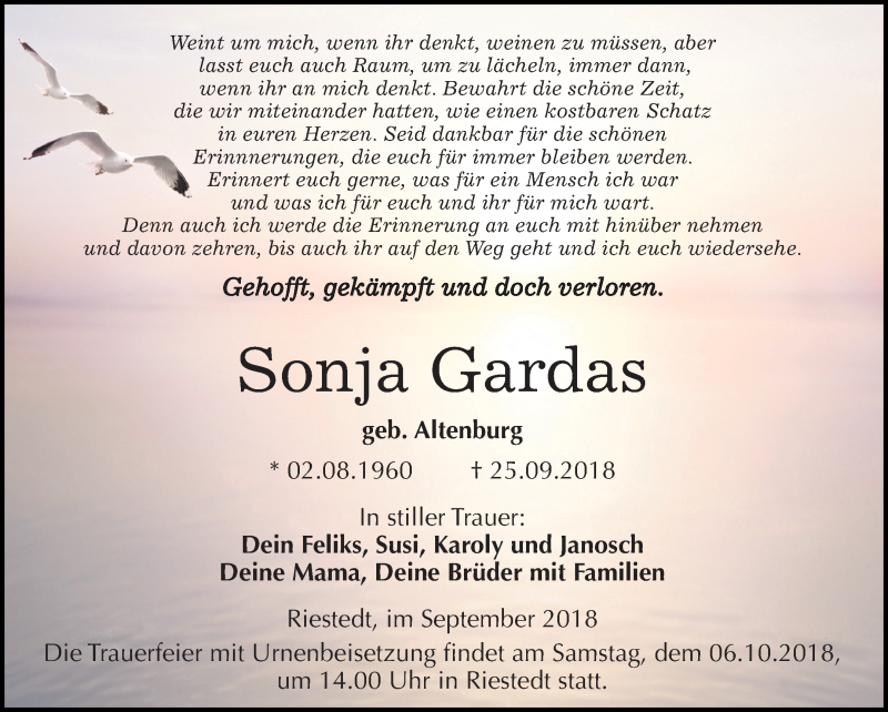  Traueranzeige für Sonja Gardas vom 02.10.2018 aus Mitteldeutsche Zeitung Sangerhausen
