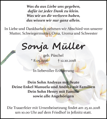 Traueranzeige von Sonja Müller von Mitteldeutsche Zeitung Bitterfeld