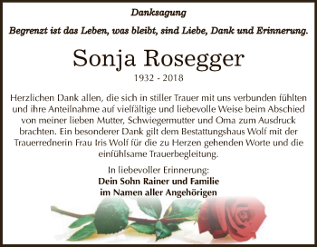 Traueranzeige von Sonja Rosegger von WVG - Wochenspiegel NMB / WSF / ZTZ