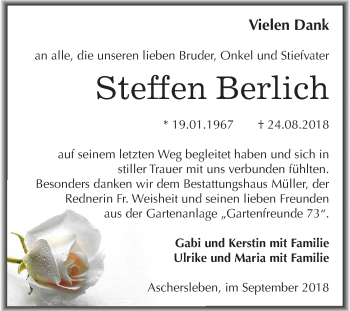 Traueranzeige von Steffen Berlich von Mitteldeutsche Zeitung Aschersleben