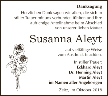 Traueranzeige von Susanna Aleyt von Super Sonntag Zeitz