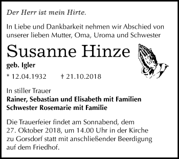 Traueranzeige von Susanne Hinze von Mitteldeutsche Zeitung