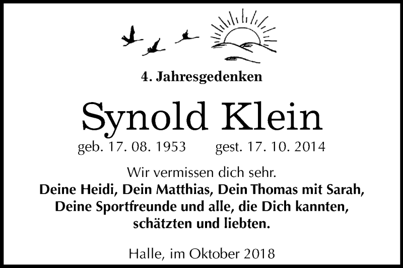  Traueranzeige für Synold Klein vom 13.10.2018 aus Mitteldeutsche Zeitung Halle/Saalkreis