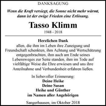 Traueranzeige von Tasso Klimm von Mitteldeutsche Zeitung Sangerhausen