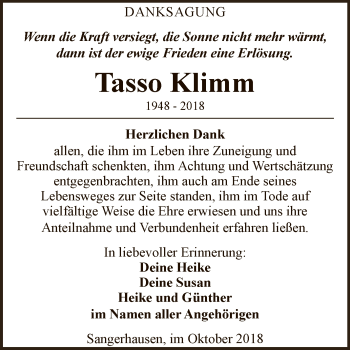 Traueranzeige von Tasso Klimm von Super Sonntag SGH Mansf. Land