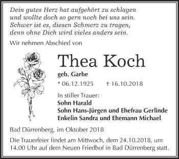 Traueranzeige von Thea Koch von Super Sonntag Merseburg