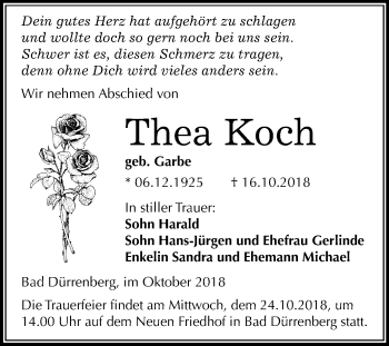 Traueranzeige von Thea Koch von Mitteldeutsche Zeitung Merseburg/Querfurt
