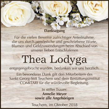 Traueranzeige von Thea Lodyga von WVG - Wochenspiegel NMB / WSF / ZTZ