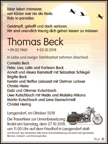 Traueranzeige von Thomas Beck von WVG - Wochenspiegel NMB / WSF / ZTZ