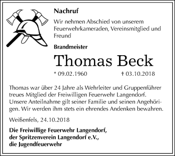 Traueranzeige von Thomas Beck von Mitteldeutsche Zeitung Weißenfels