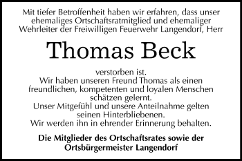 Traueranzeige von Thomas Beck von Mitteldeutsche Zeitung Weißenfels