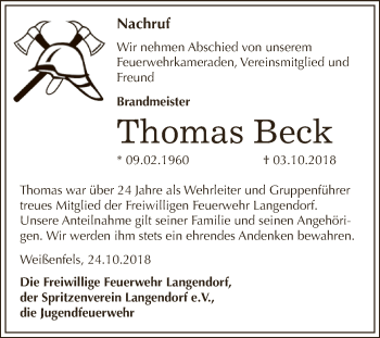 Traueranzeige von Thomas Beck von WVG - Wochenspiegel NMB / WSF / ZTZ