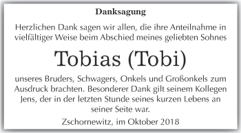 Traueranzeige von Tobias  von Super Sonntag Wittenberg