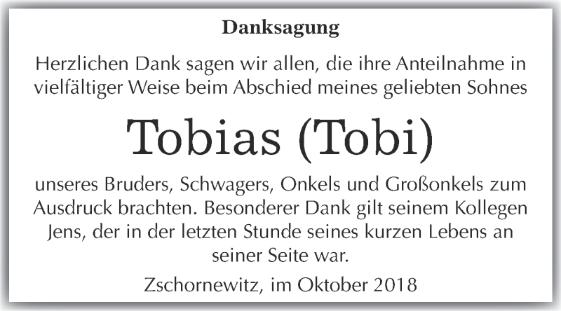  Traueranzeige für Tobias  vom 13.10.2018 aus Super Sonntag Wittenberg