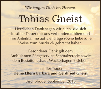 Traueranzeige von Tobias Gneist von Wochenspiegel Mansfelder Land