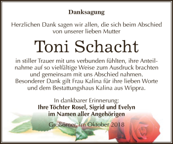 Traueranzeige von Toni Schacht von Super Sonntag SGH Mansf. Land