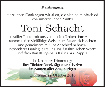 Traueranzeige von Toni Schacht von Mitteldeutsche Zeitung