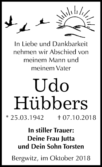 Traueranzeige von Udo Hübbers von Mitteldeutsche Zeitung