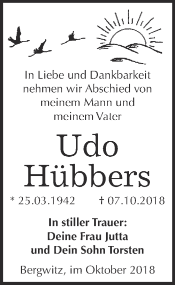 Traueranzeige von Udo Hübbers von Super Sonntag Wittenberg