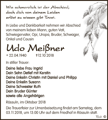 Traueranzeige von Udo Meißner von WVG - Wochenspiegel NMB / WSF / ZTZ